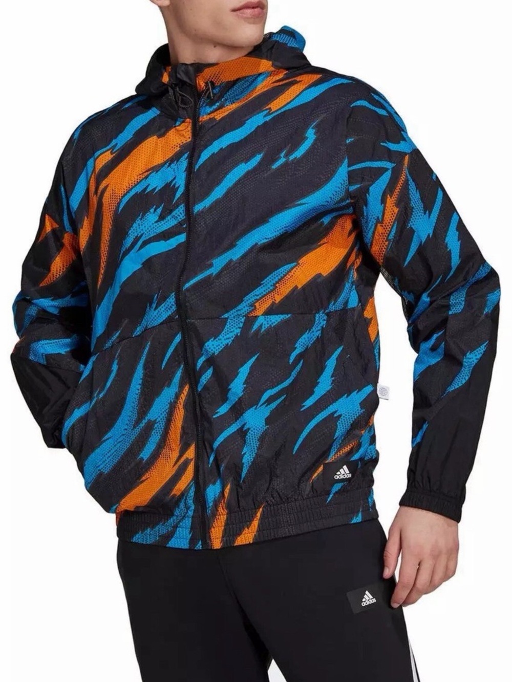 adidas Men’s Black Windbreaker with Blue & Orange Graphic Print